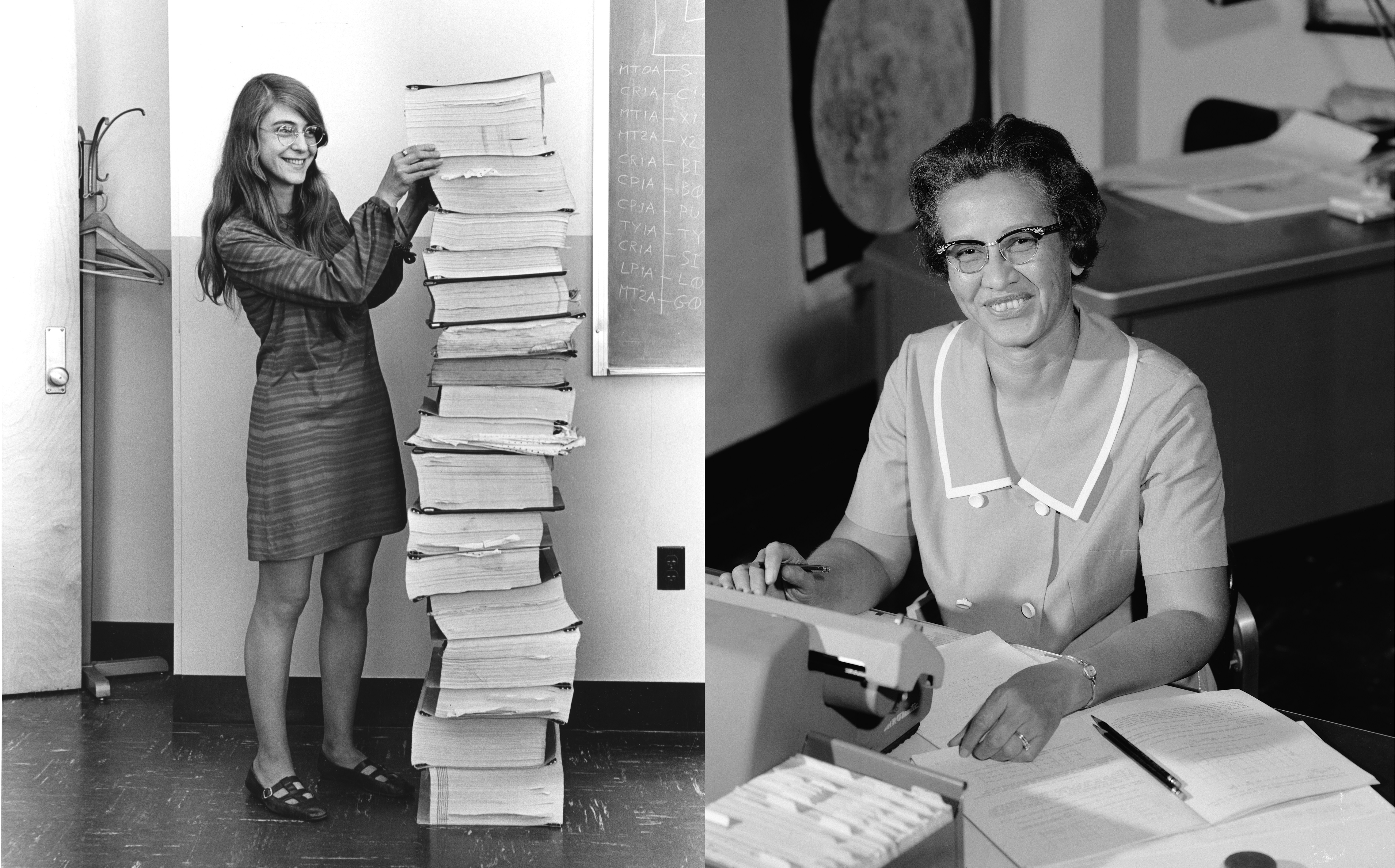 Left: an image of a women in a 1960s dress standing beside a stack of paper as tall as she is. Right: an African-American woman working on an early desktop computer.